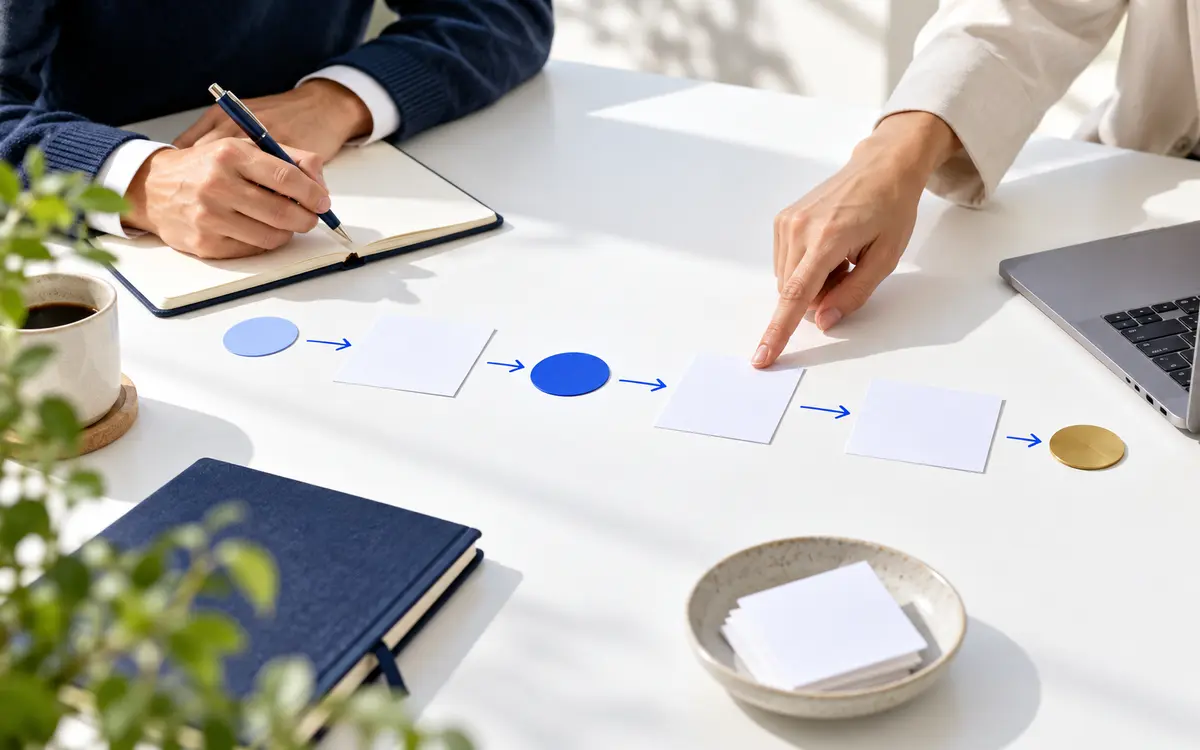 A collaborative strategy session mapping a clear customer journey before production begins