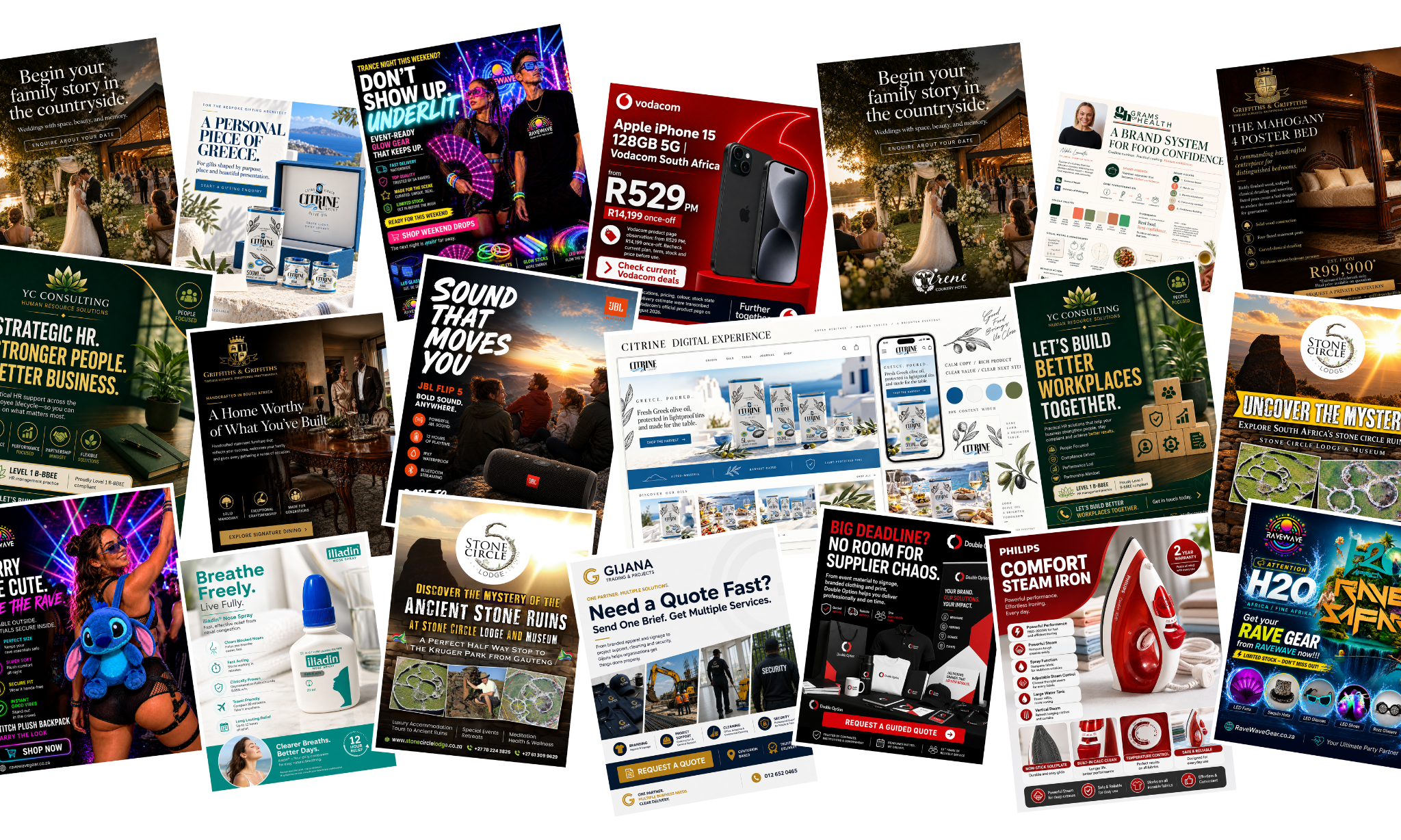 Portfolio collage of advertising, website and brand designs