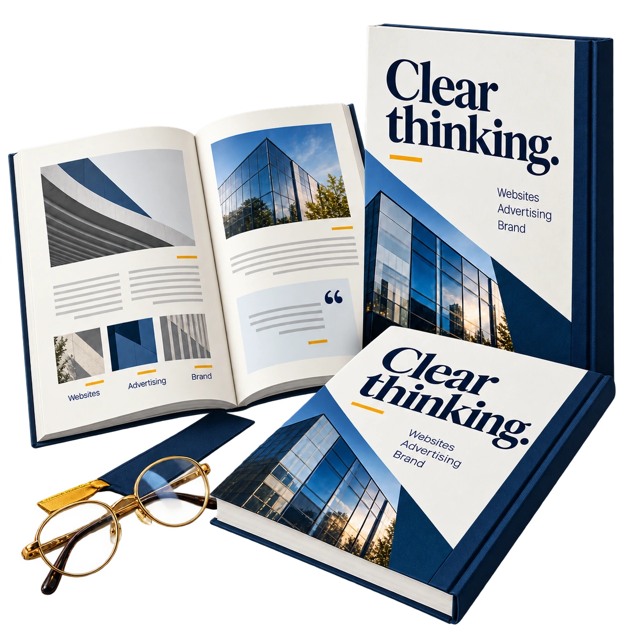 Editorial journals with architectural imagery and reading glasses.