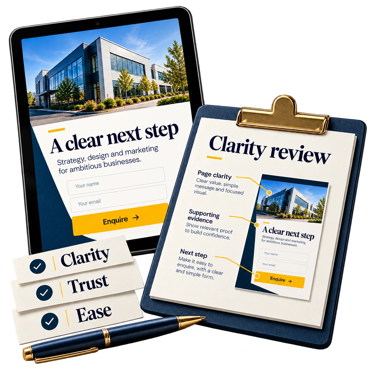 Illustrative page assessment focused on clarity, trust and ease.