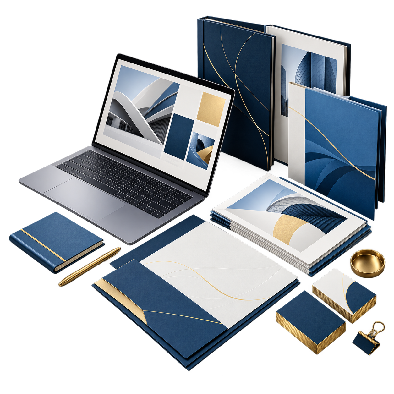 A collection of brochures, stationery and digital design materials