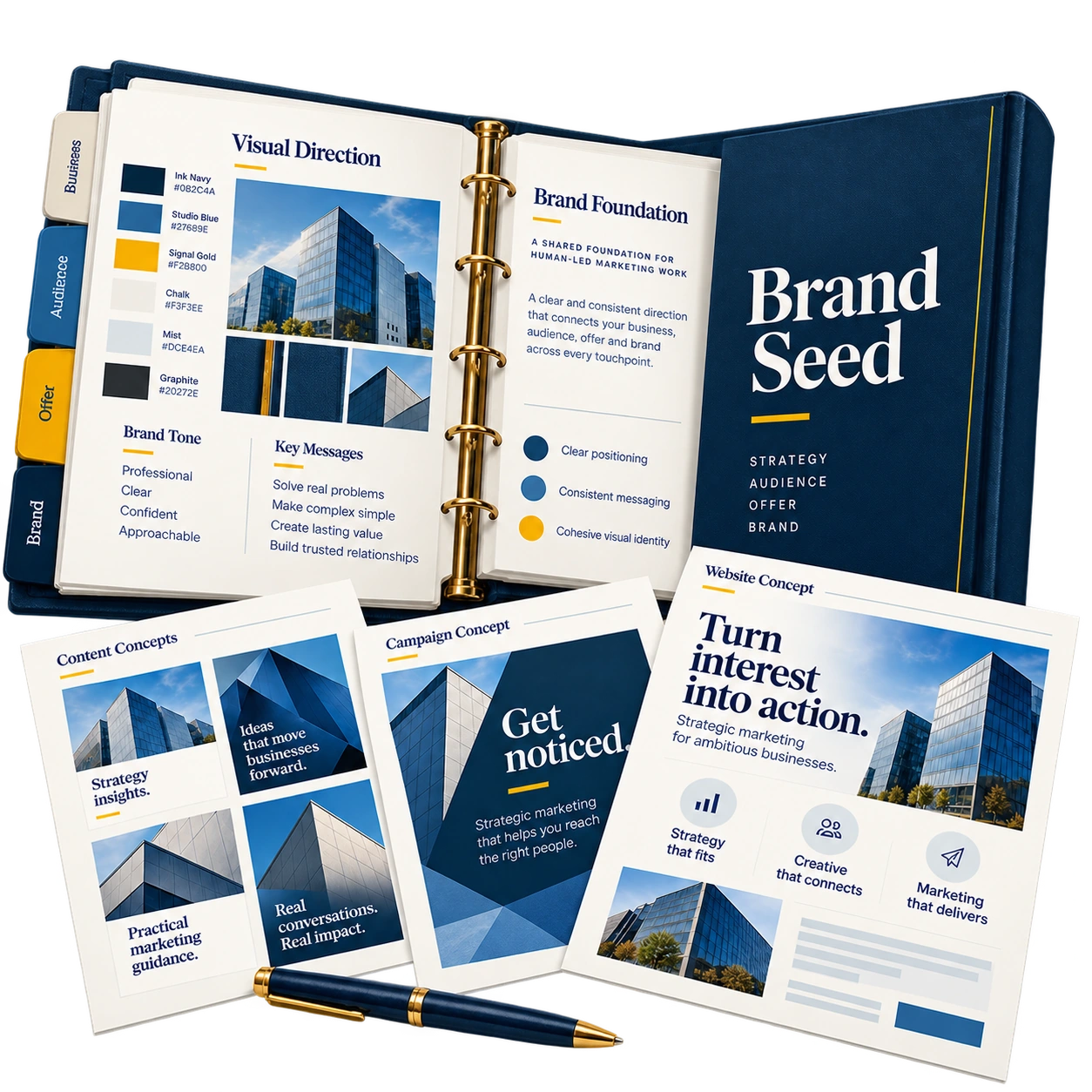 Illustrative Brand Seed reference binder with coordinated website, campaign and content sheets.