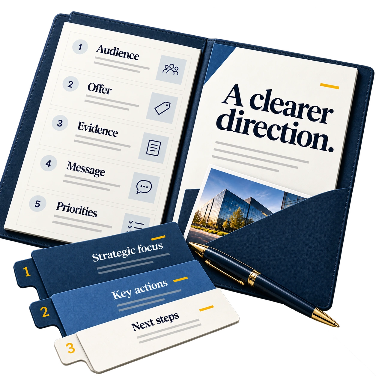 Strategy folio organising audience, offer, evidence, message and priorities.