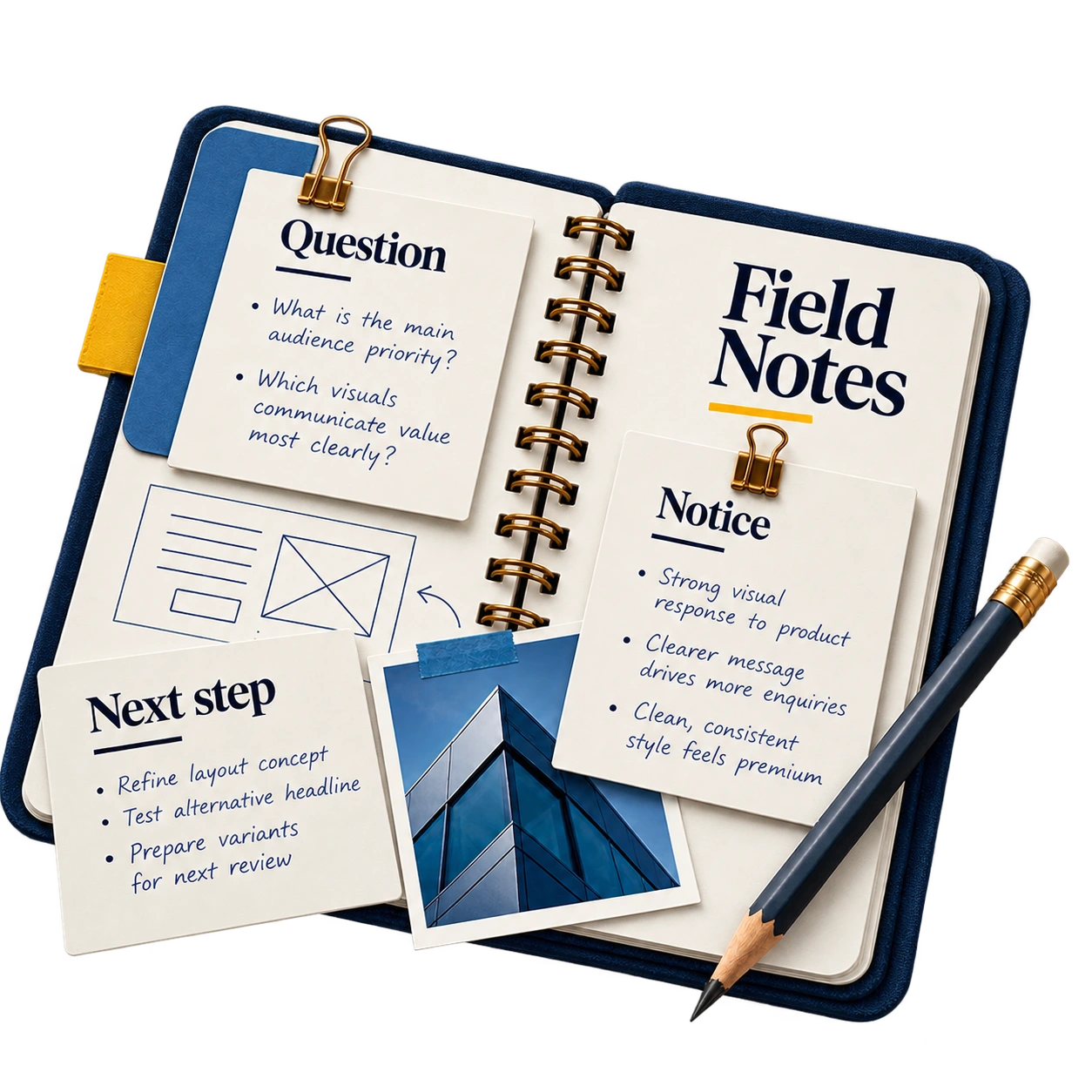 Field notebook with observation cards, questions and possible next steps.