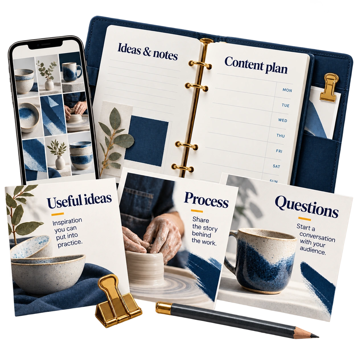 Content planner with repeatable ceramics post formats and a matching mobile grid.