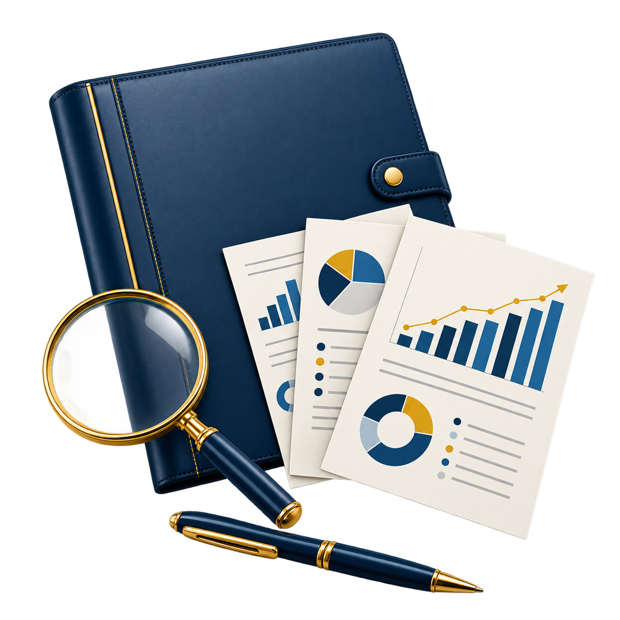 Marketing reports and magnifying glass highlighting a problem