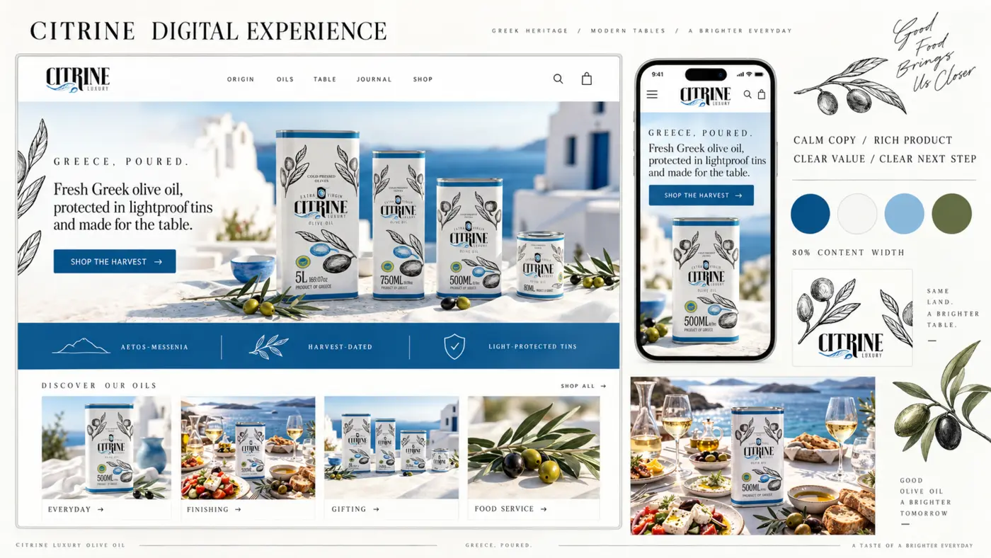 Citrine desktop and mobile website system with product, colour and photography details