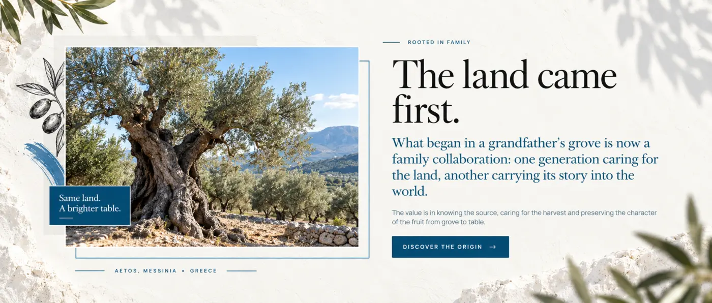 Citrine origin-story section built around an old Greek olive tree