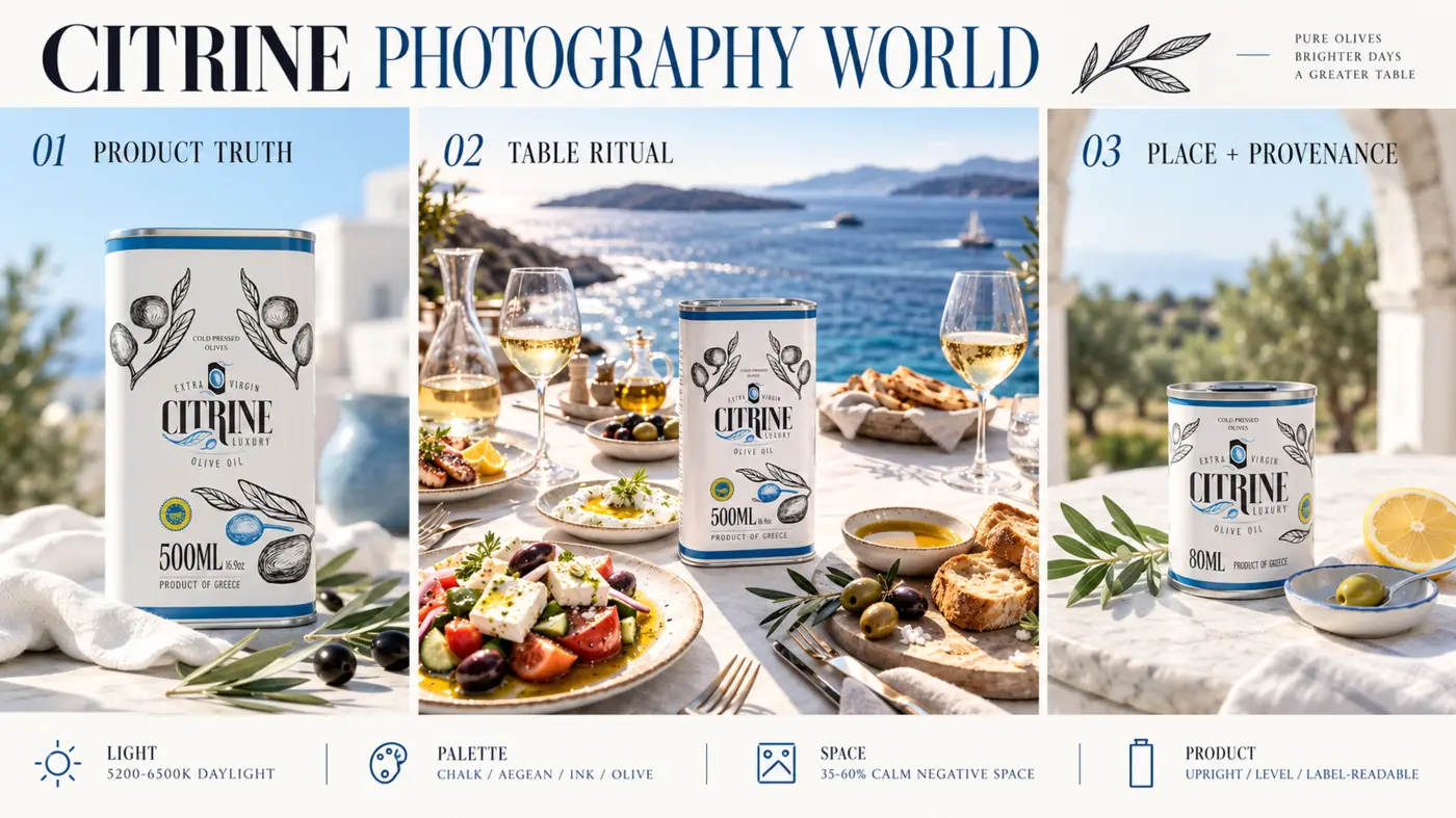 Citrine photography system covering product truth, table ritual and provenance