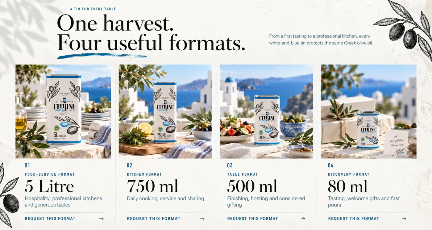 Four Citrine olive oil formats presented as one product family