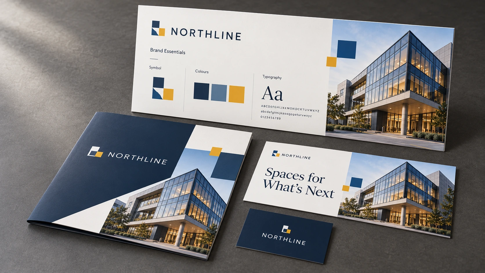 Illustrative NORTHLINE brand essentials applied consistently to a folder, campaign flyer and business card.