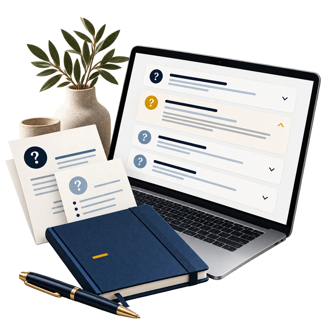 Laptop displaying frequently asked questions alongside design documents and a notebook.