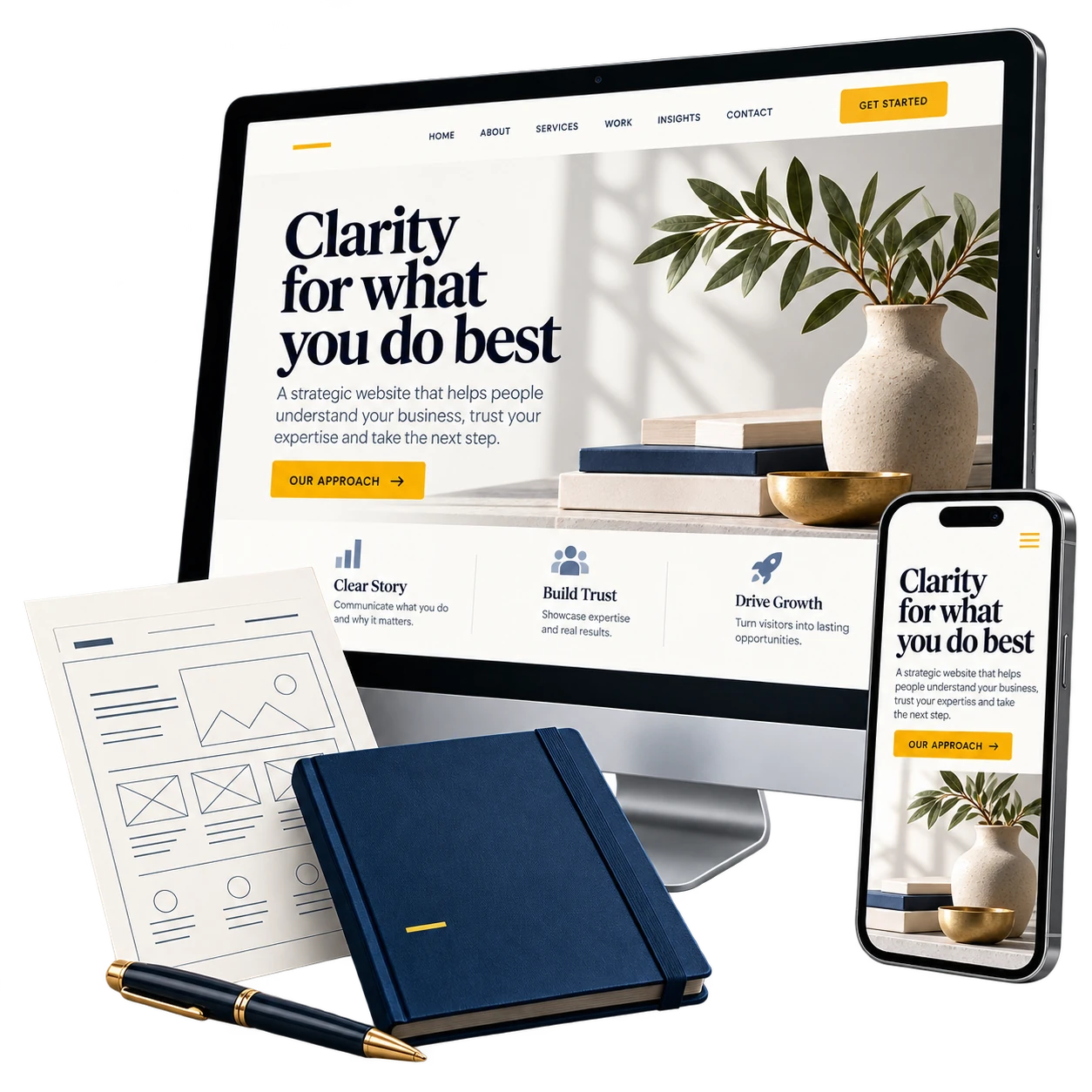 Website displayed on desktop and mobile with a wireframe and design notebook.