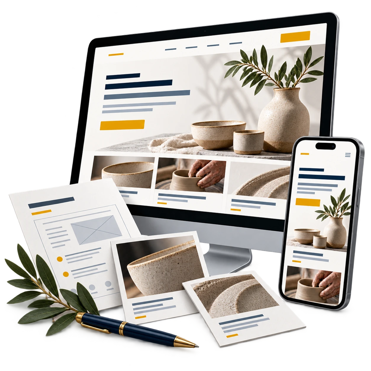 Website displayed on desktop and mobile alongside design and project imagery.