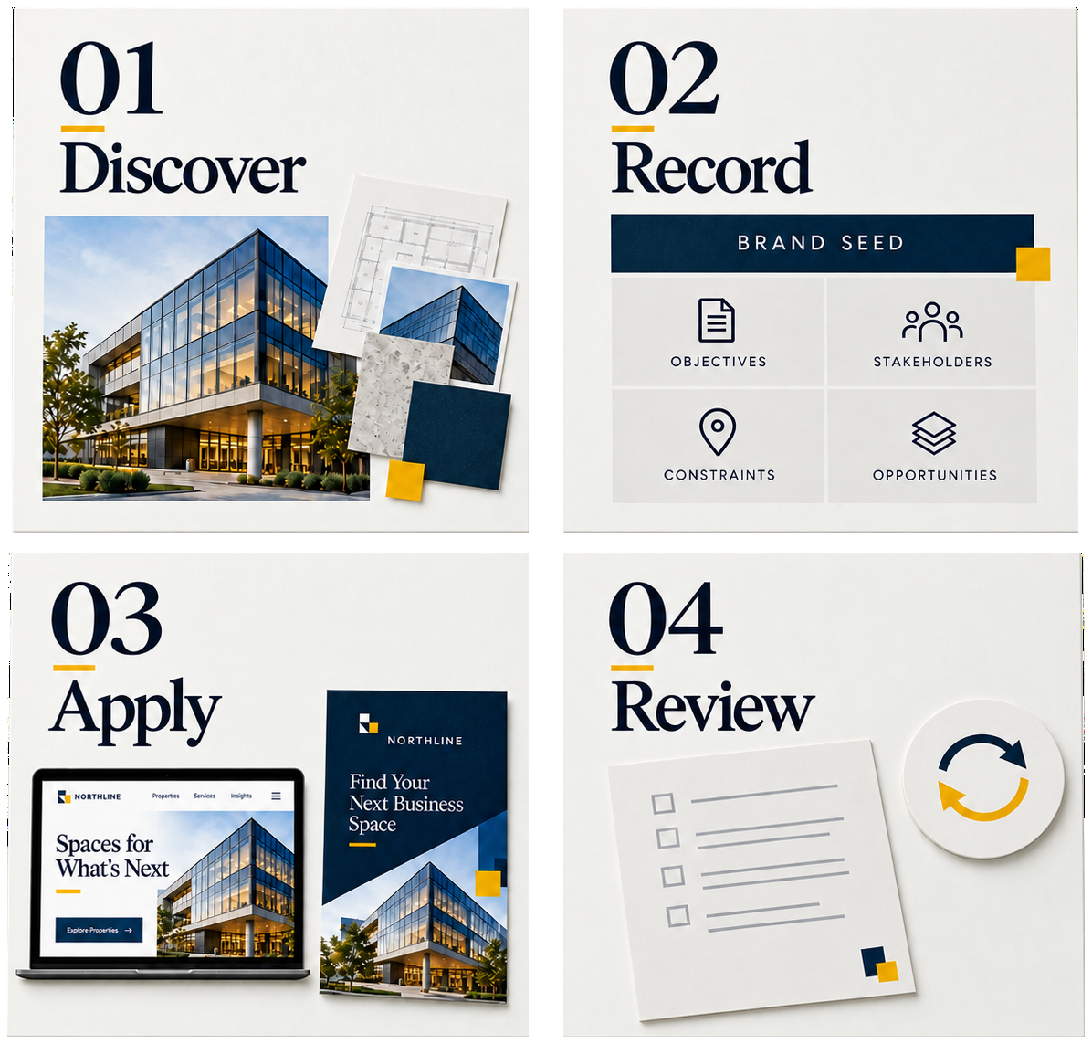 Four illustrated planning cards showing the HBSOS stages: Discover, Record, Apply and Review.