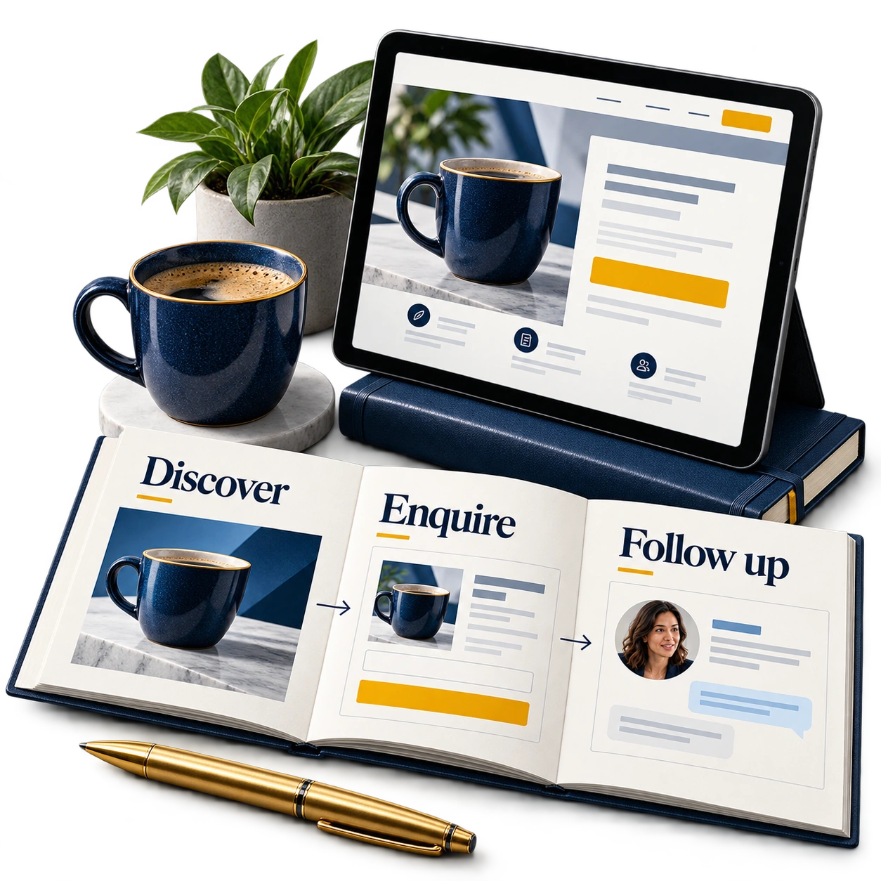 Illustrative journey from discovery to enquiry and human follow-up.