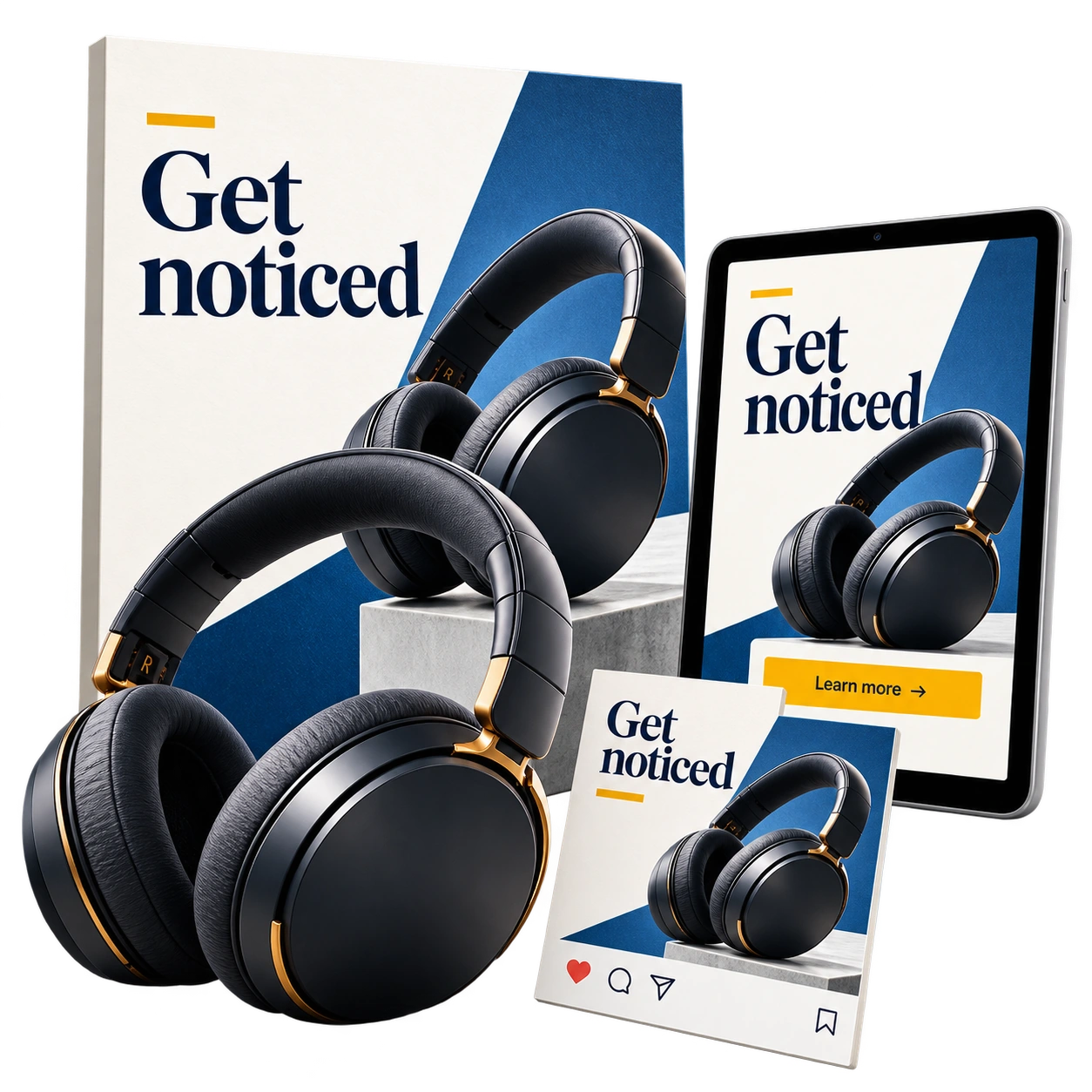 Illustrative headphone campaign coordinated across print and a landing page.
