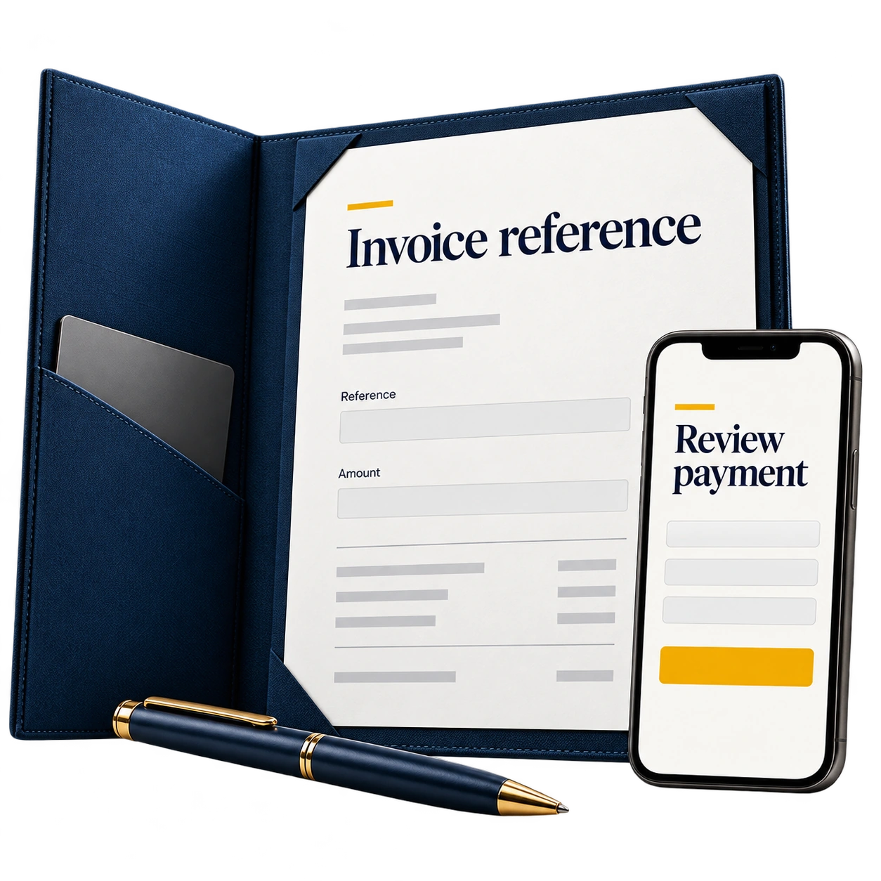 Illustrative invoice reference and payment review, with no transaction loaded.