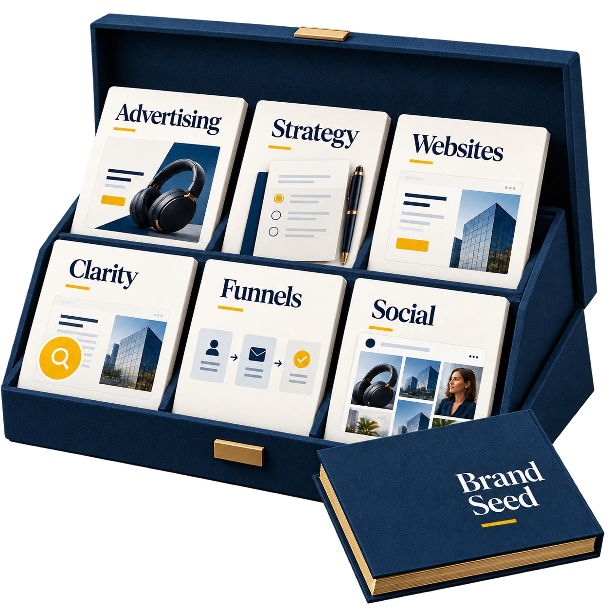 Services presentation box facing inward with readable service cards.