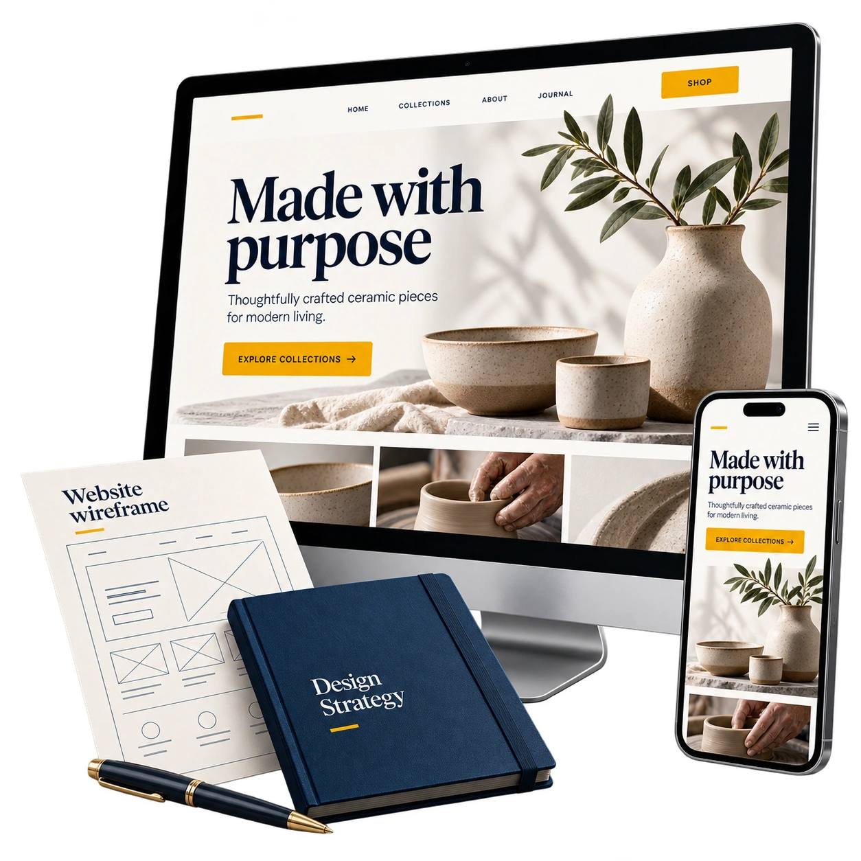 Illustrative responsive ceramics website with desktop, mobile and planning materials.