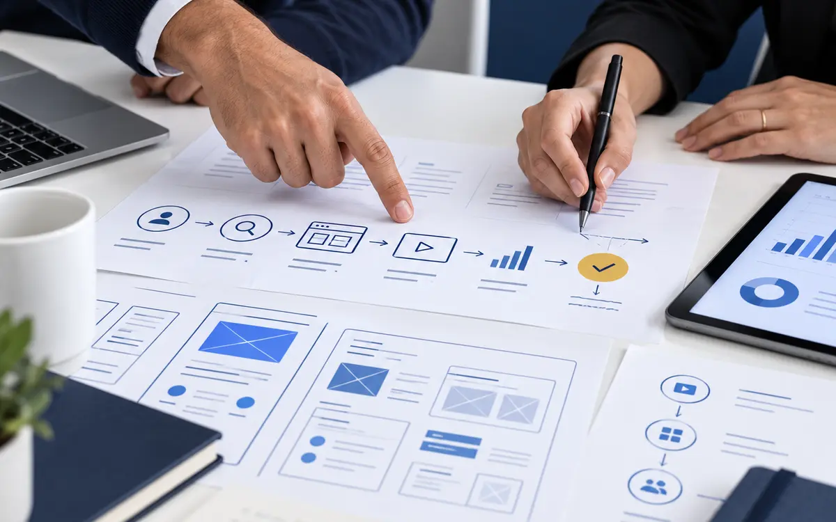 People planning website pages and customer journeys on a desk