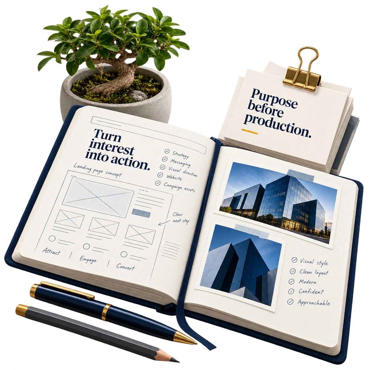 Creative planning notebook, architectural references, pens and a bonsai.