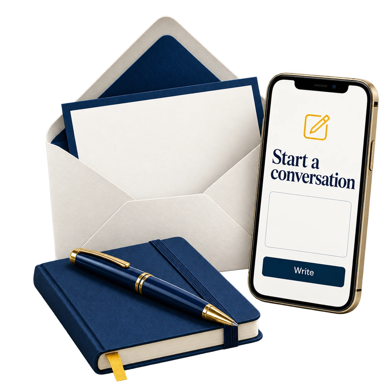 Open correspondence envelope beside an illustrative message composition screen.