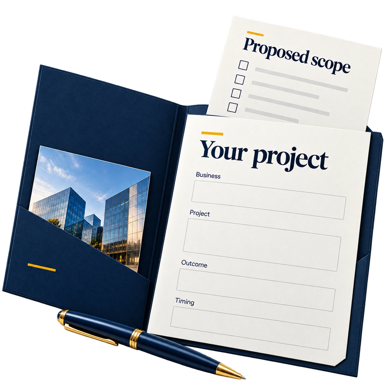 Project enquiry folio with blank business, project, outcome and timing fields.