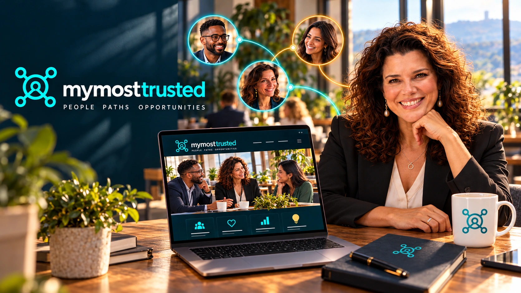 My Most Trusted relationship network with connected portraits, a branded laptop and a welcoming host