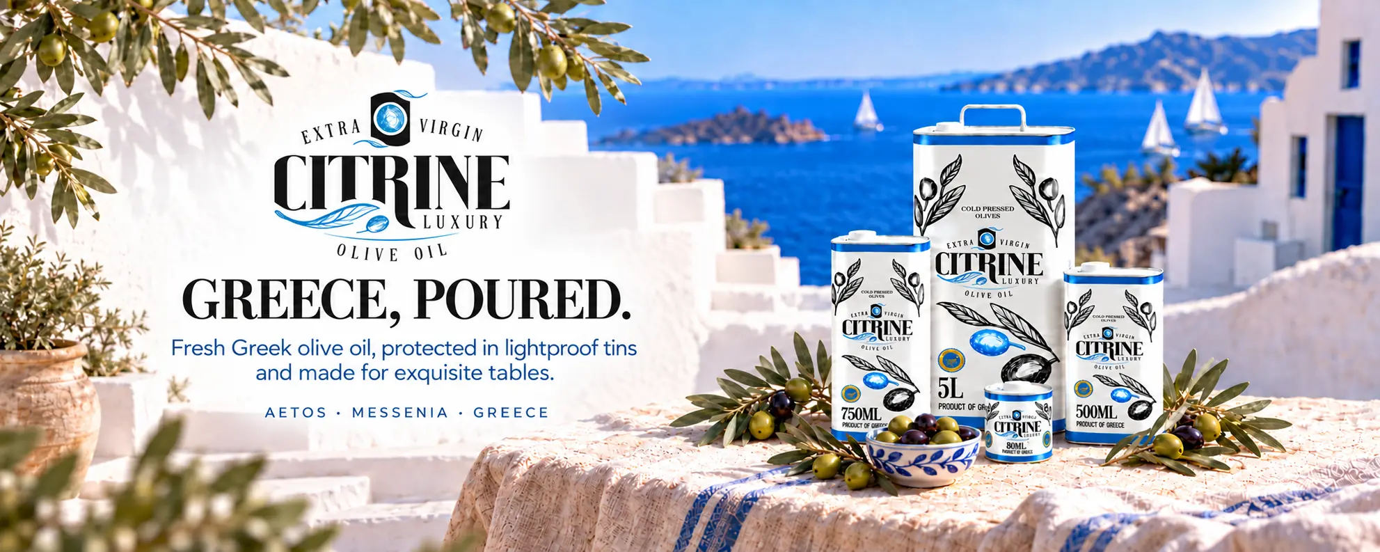 Citrine white and blue olive oil tins on a sunlit Aegean terrace