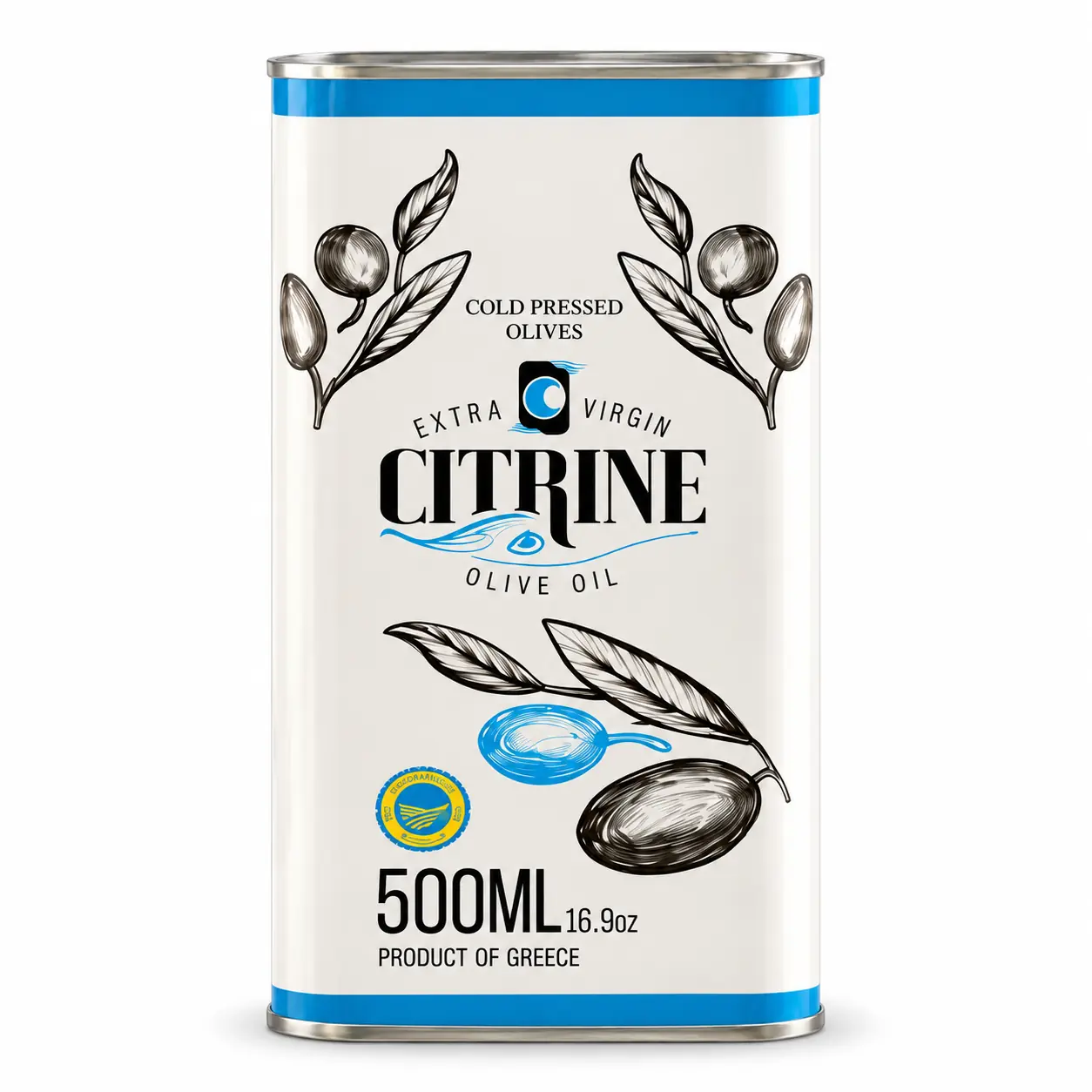 Citrine 500 millilitre white-and-blue olive oil tin