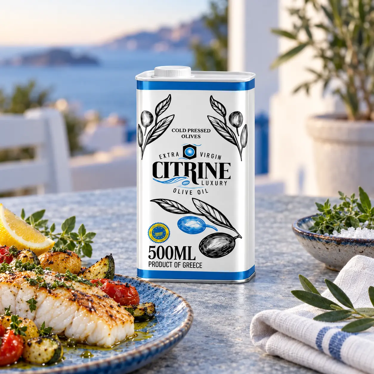 Citrine 500 millilitre white-and-blue olive oil tin