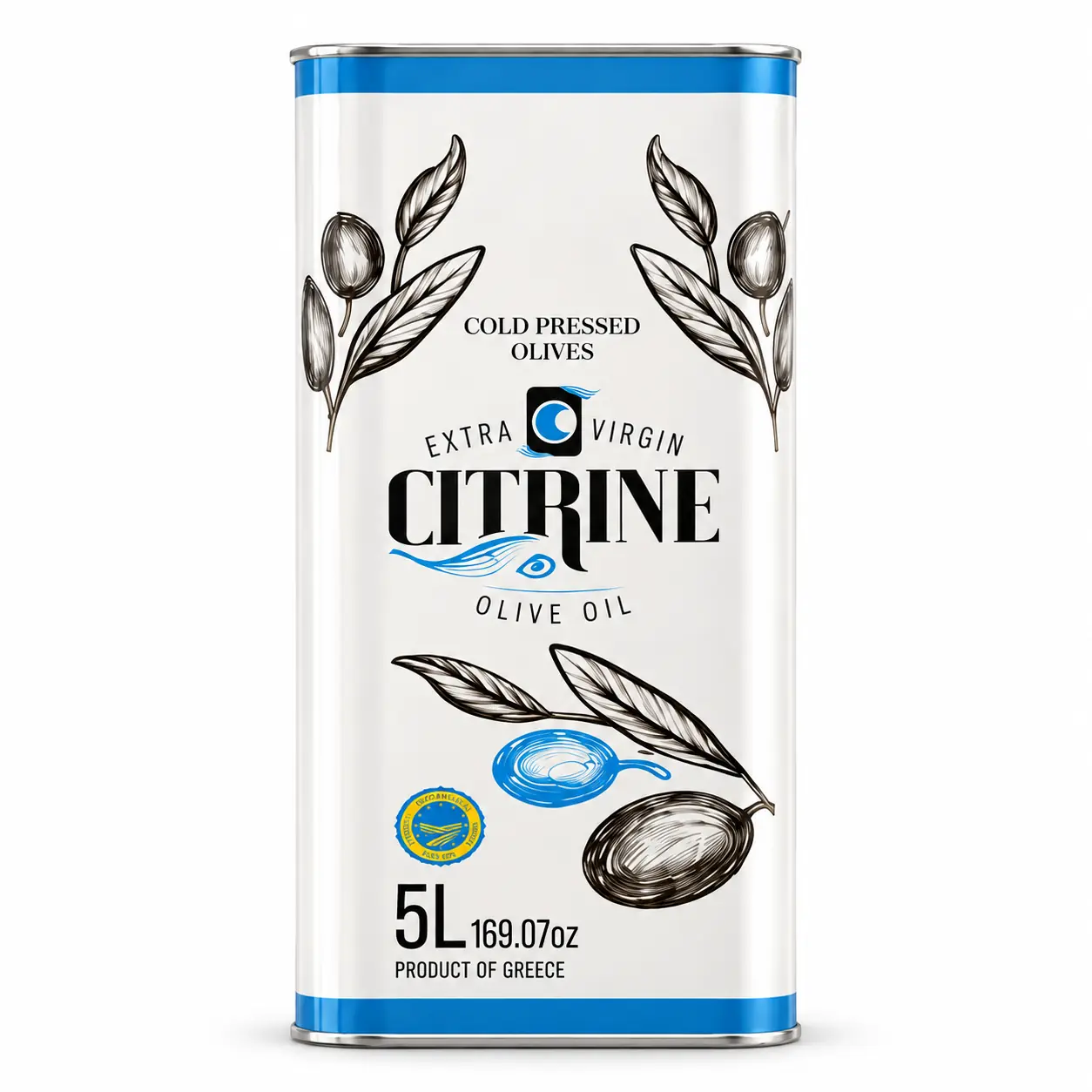 Citrine 5 litre white-and-blue olive oil tin