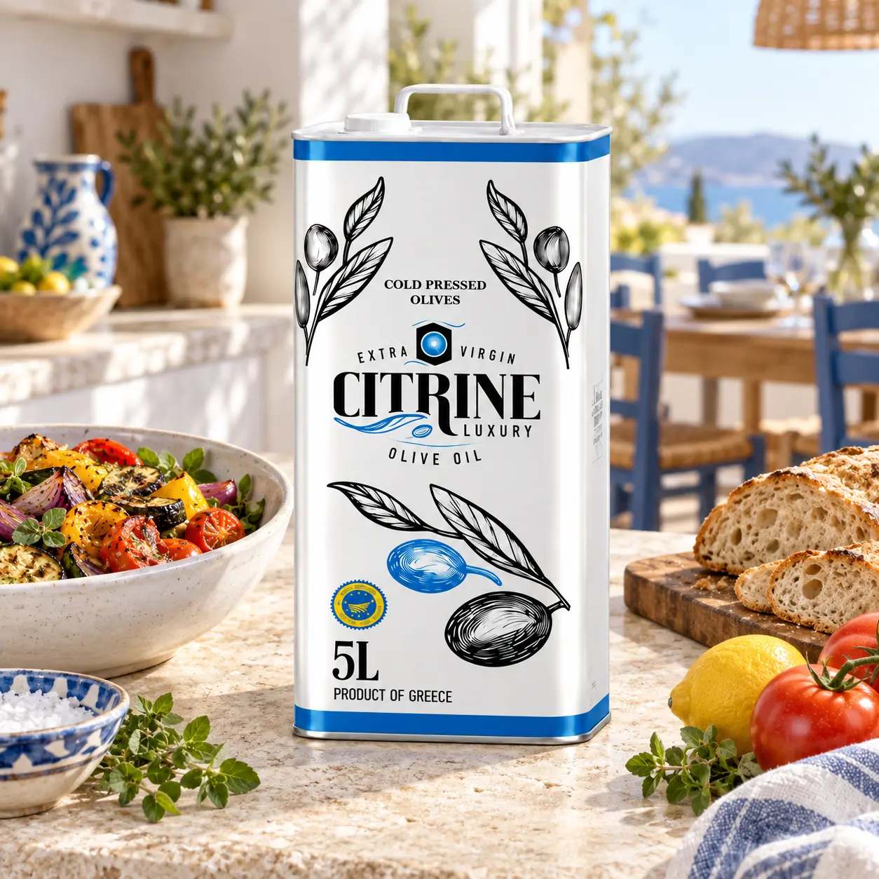 Citrine 5 litre white-and-blue olive oil tin