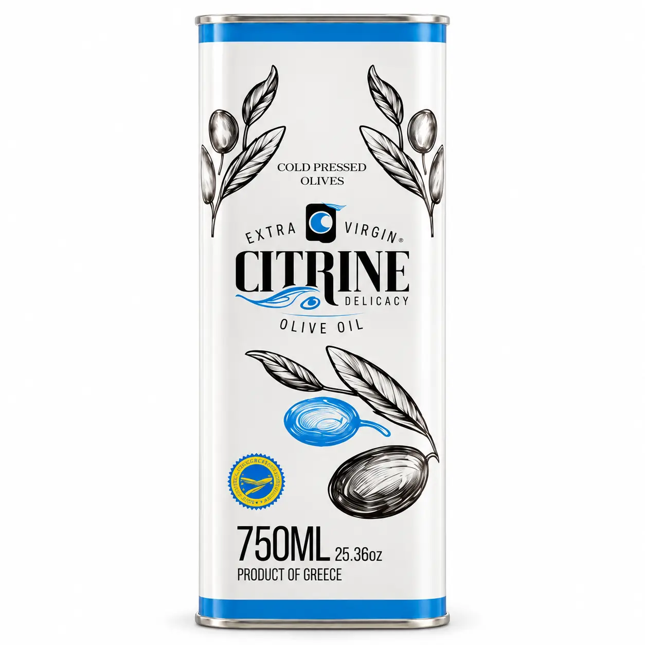 Citrine 750 millilitre white-and-blue olive oil tin
