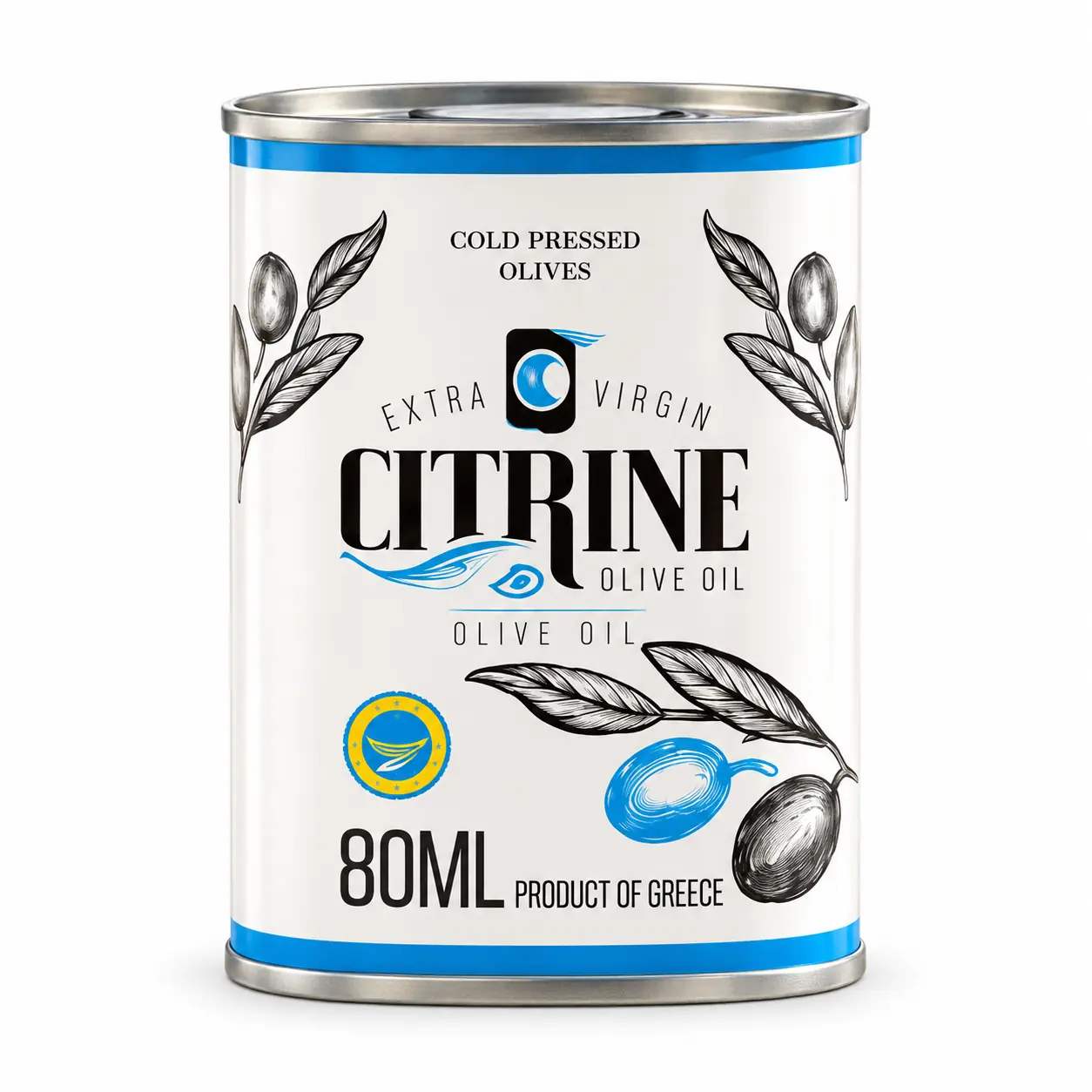 Citrine 80 millilitre white-and-blue olive oil tin