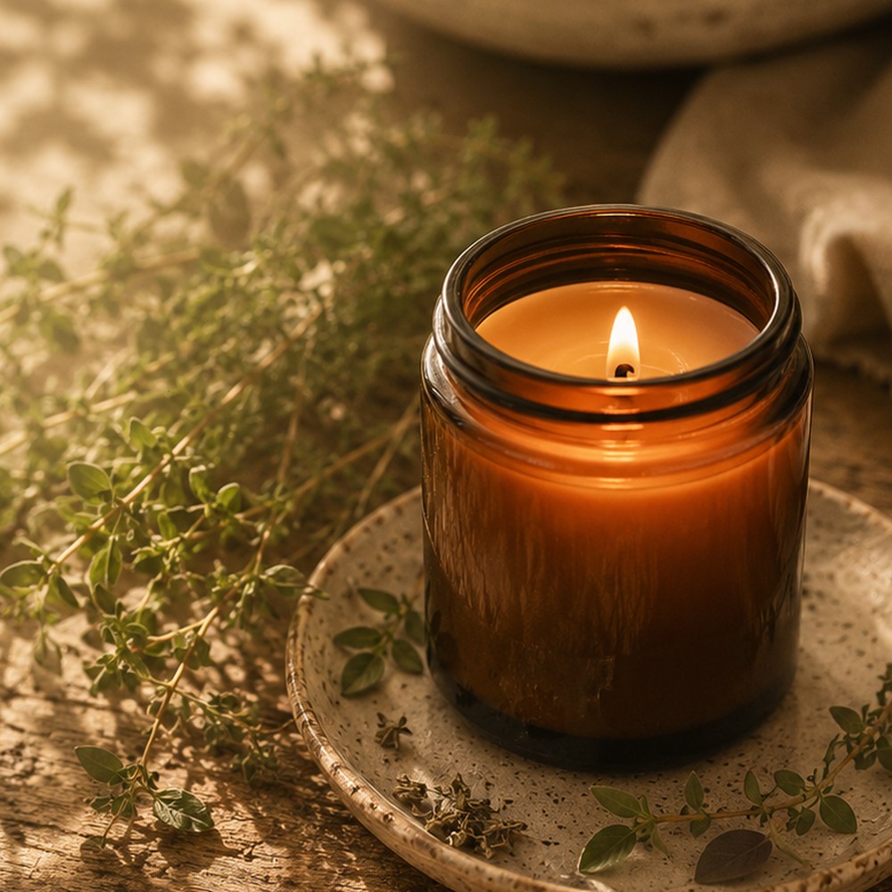 Amber herb candle in warm natural light