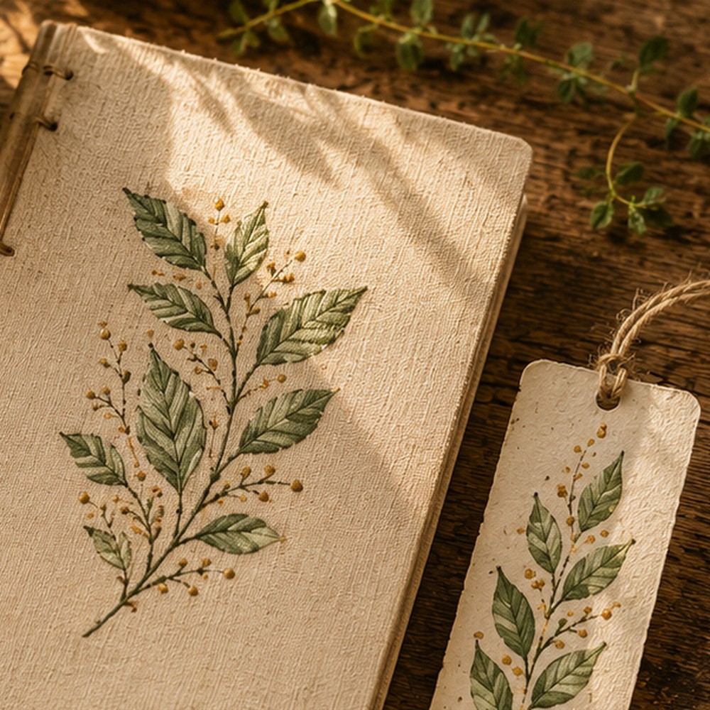 Botanical art print on a creative work table