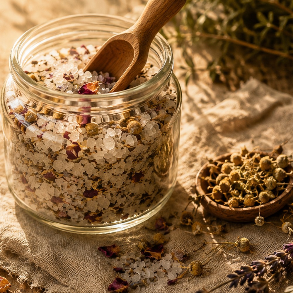 Chamomile bath soak with dried botanicals