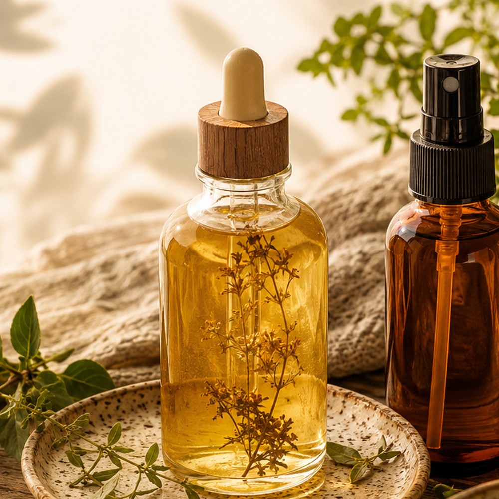 Botanical body oil in warm glass bottles