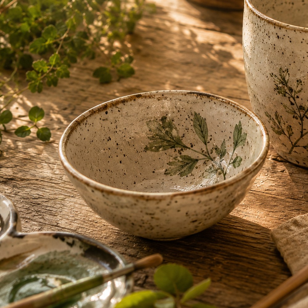 Stoneware trinket bowl with botanical design