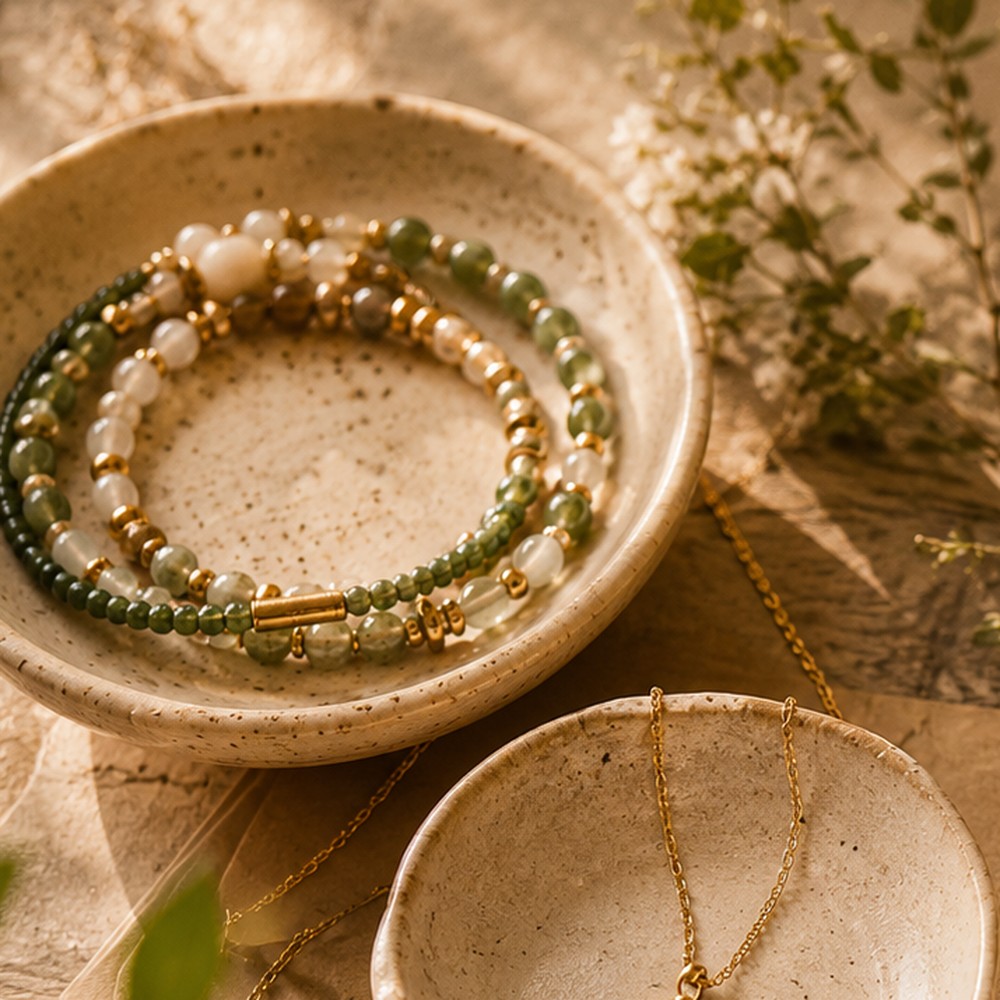 Moss green and pearl bracelet stack