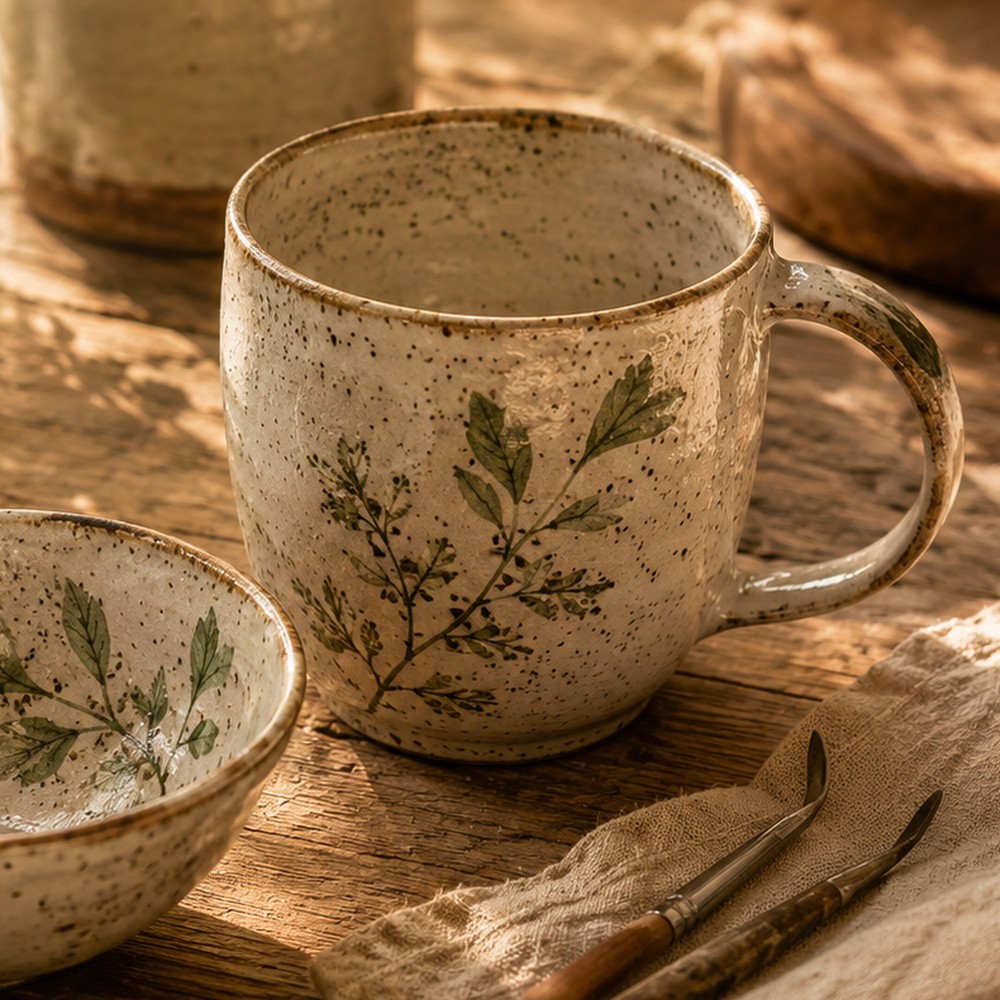 Ceramic herb mug with botanical design