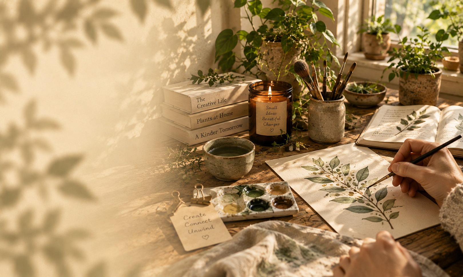 A warm creative table with botanical painting, books and a candle