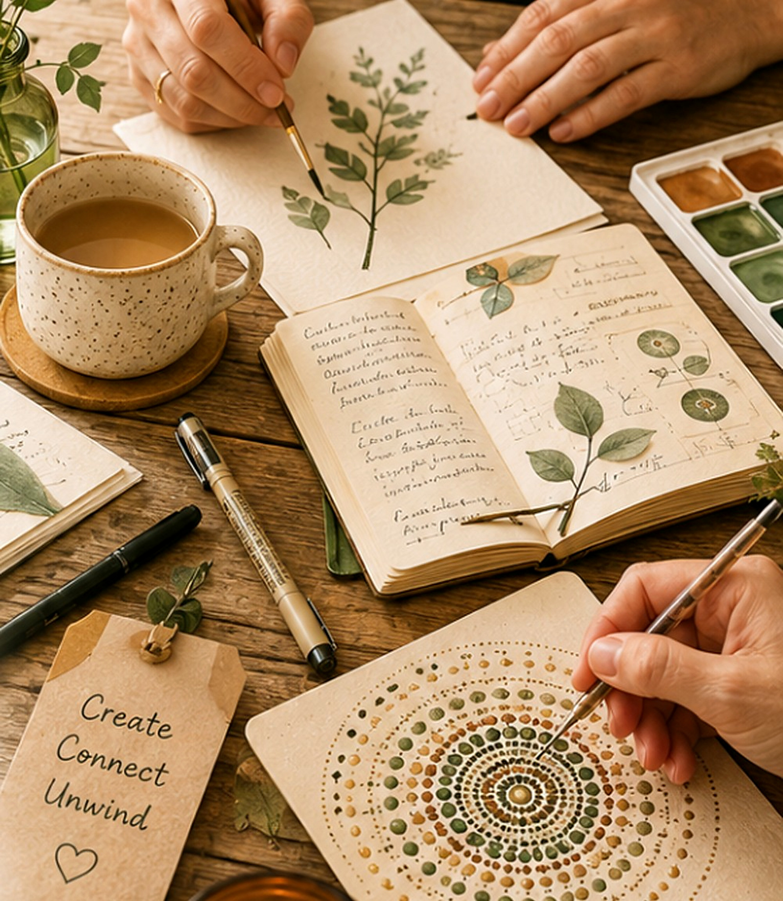 Hands creating botanical paper art and journaling details