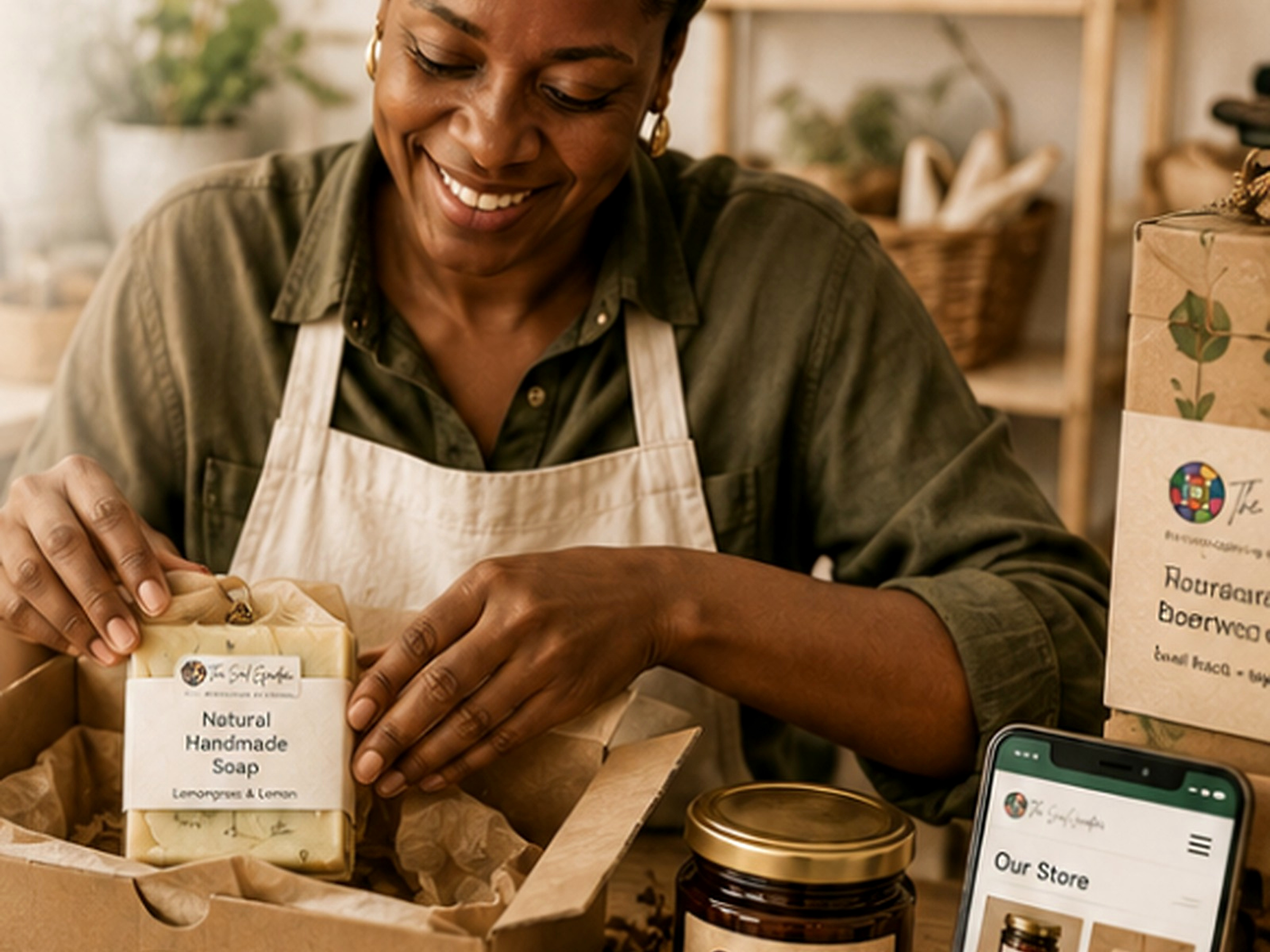 A smiling local maker working with handmade products