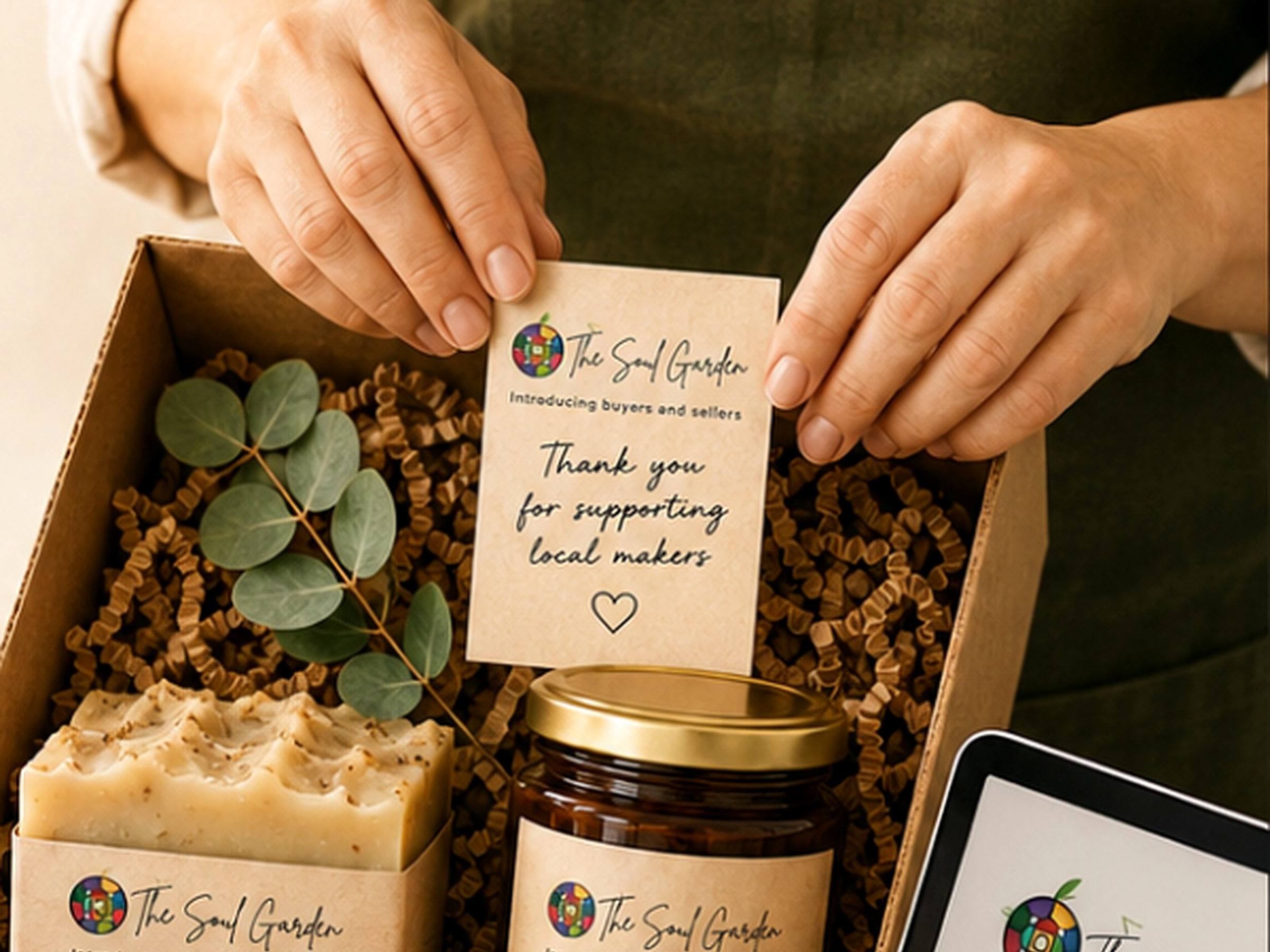 A maker packing products beside an online storefront